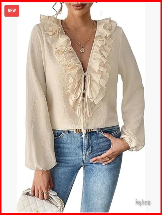 Tops - Ruffle Tie Front V Neck Blouse Chiffon Casual Work